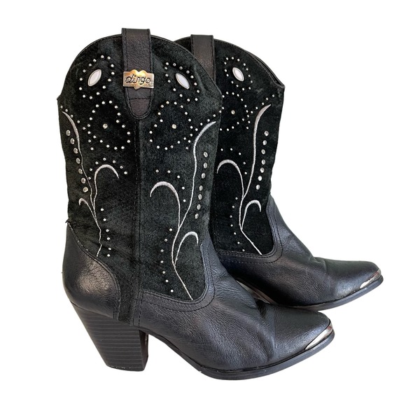 Dingo Women's Ava Western Studded Mid-Calf Heeled Almond Leather Boots Size 6.5